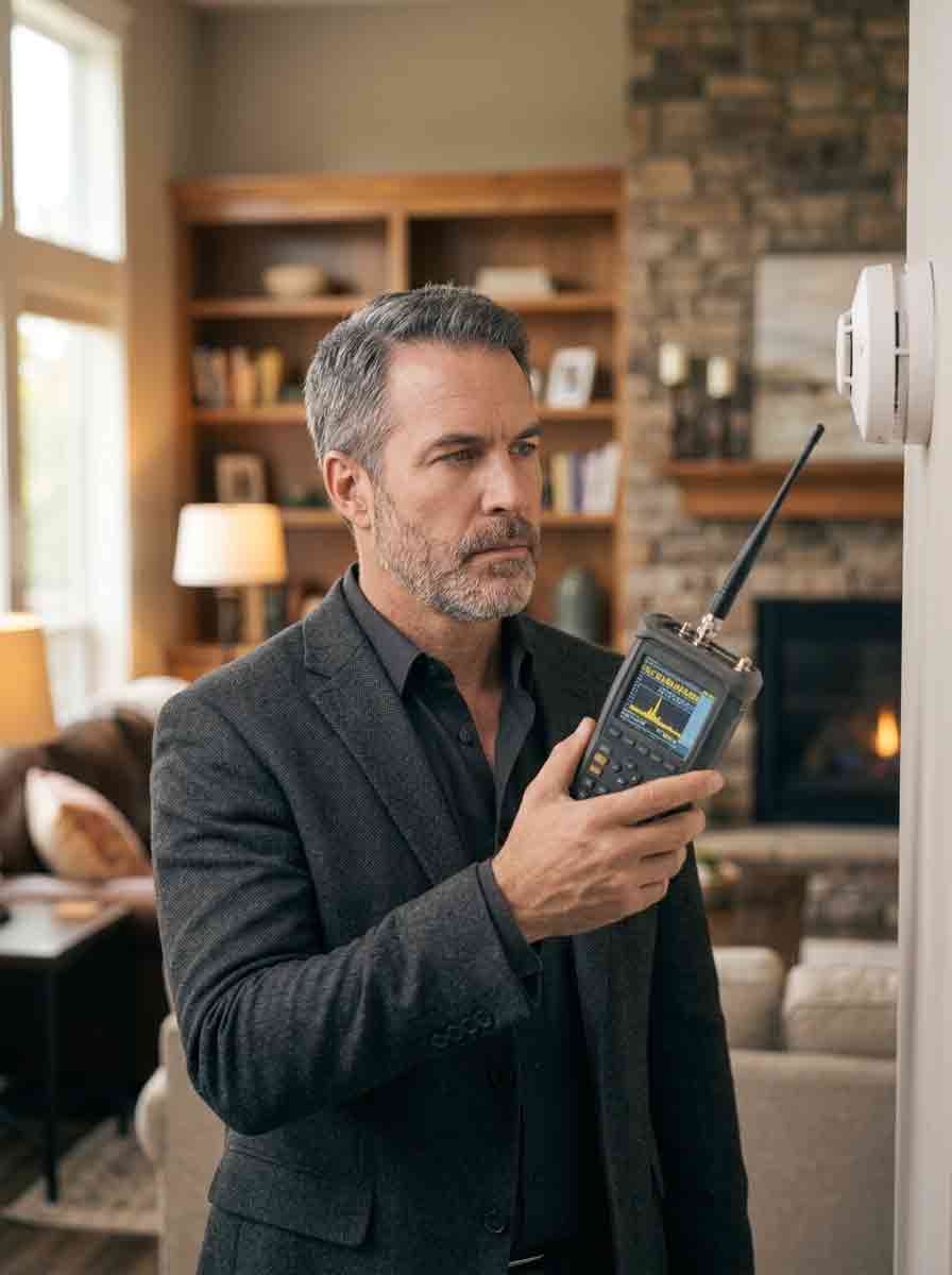 Certified TSCM technician conducting hidden device inspection in Colorado home