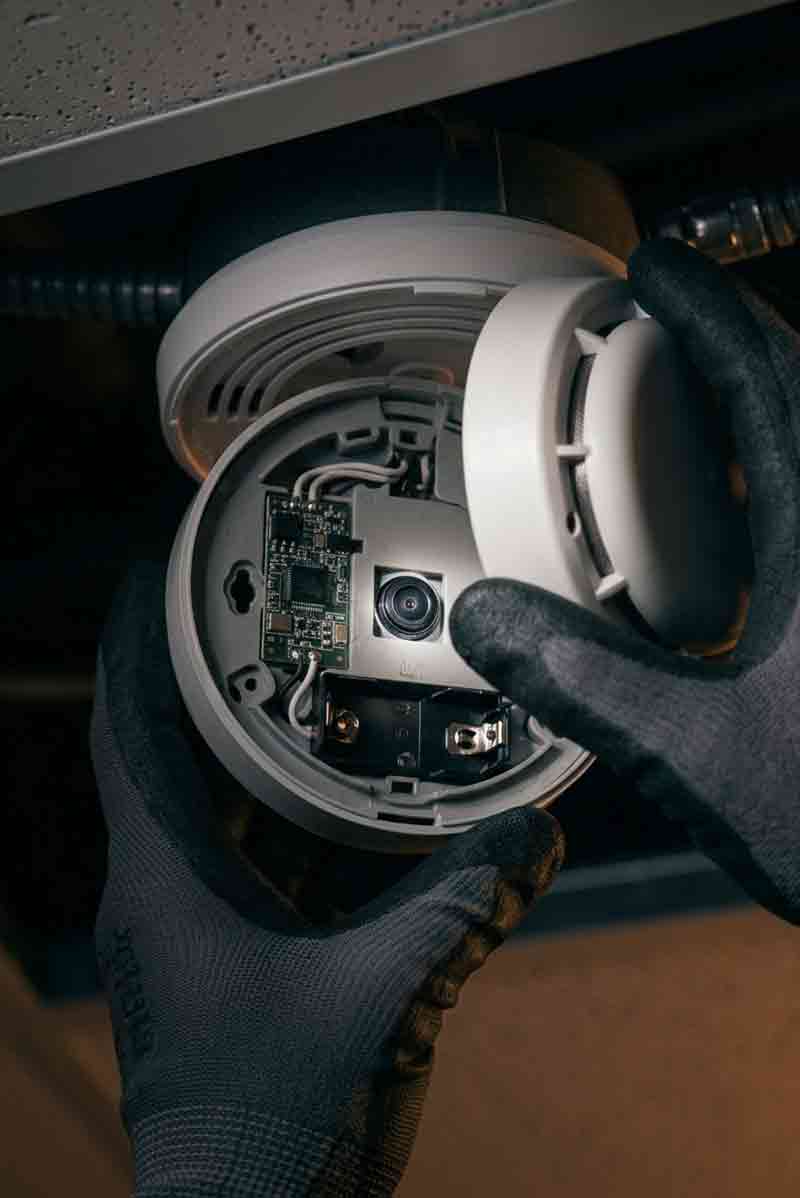 Hidden pinhole camera concealed inside a smoke detector revealed during professional TSCM inspection