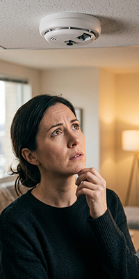 Woman noticing a suspicious smoke detector that may contain a hidden camera in her home