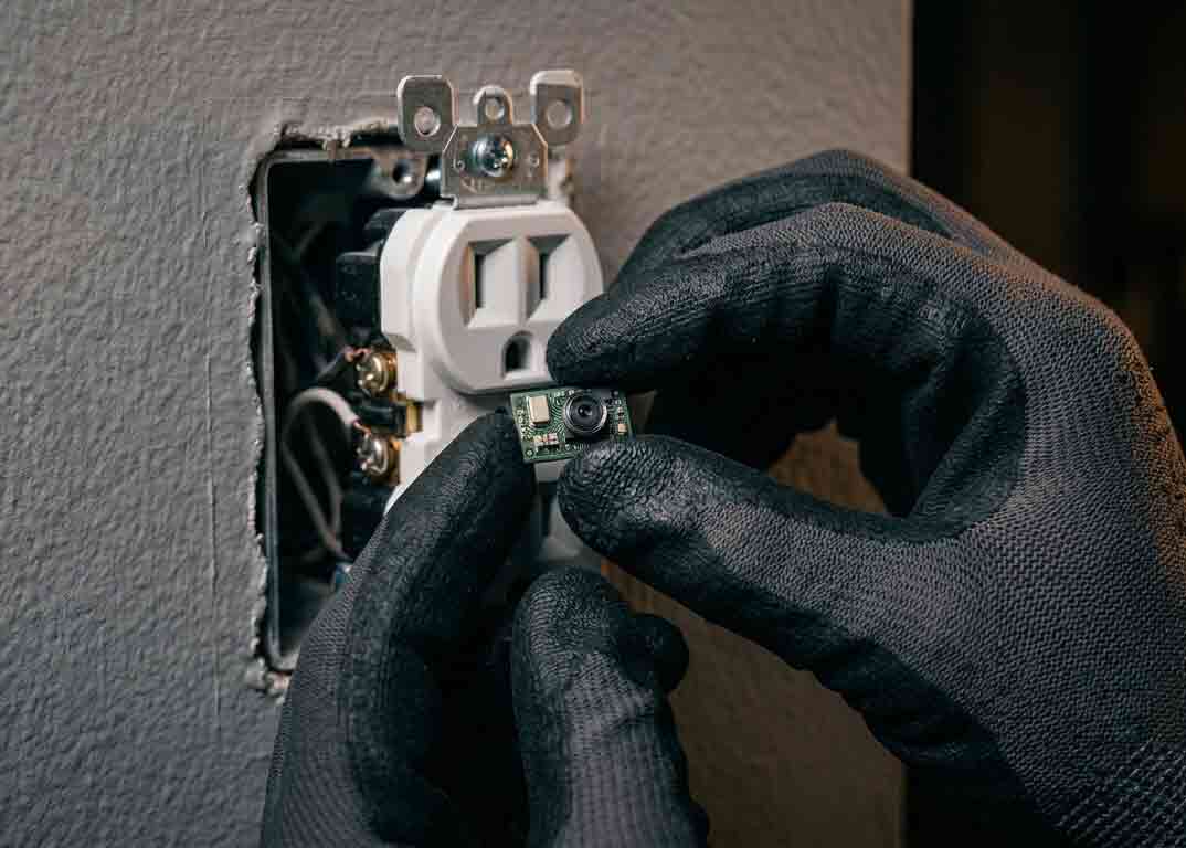 Hidden surveillance camera discovered during professional TSCM inspection in American home