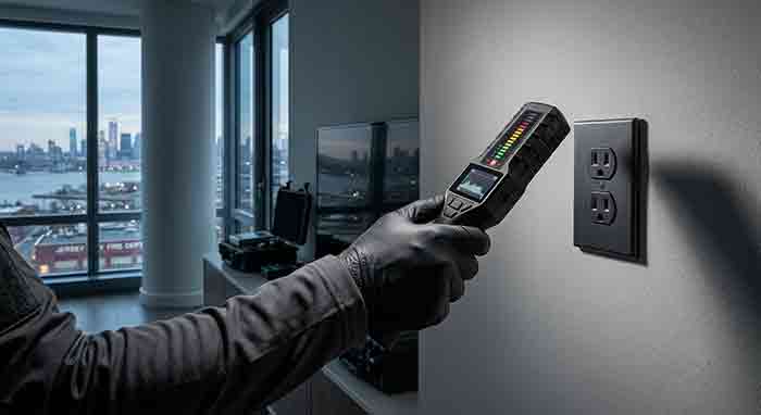 Certified TSCM technician conducting hidden device inspection in New Jersey